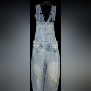 Free People Good Luck Barrell Jeans Overalls Washed Blue- MEDIUM